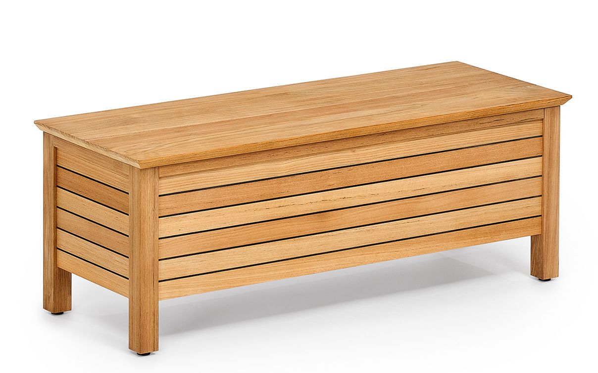 Weishäupl Deck Sitztruhe aus Teakholz für den Außenbereich, ideal zur Aufbewahrung von Gartenutensilien.